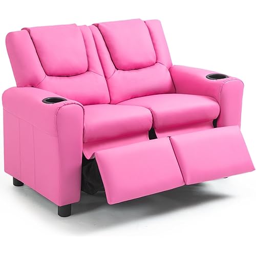 AVAWING Kids Recliner Chair, Double Kids Sofa Chair w/Cup Holder PU Leather, Toddler Loveseat Couch w/Adjustable Footrest & Headrest for Boys Girls 3+ Age Group, Pink