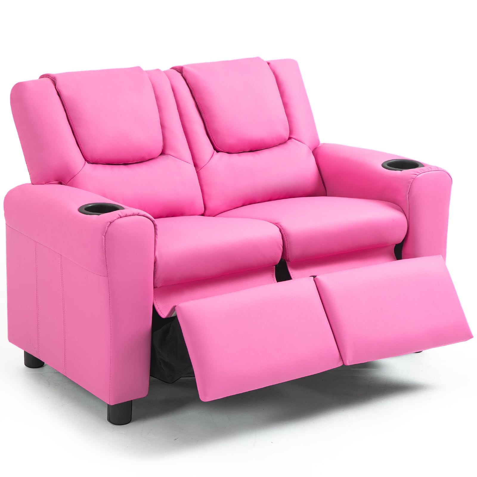 AVAWING Kids Recliner Chair, Double Kids Sofa Chair w/Cup Holder PU Leather, Toddler Loveseat Couch w/Adjustable Footrest &amp; Headrest for Boys Girls 3+ Age Group, Pink