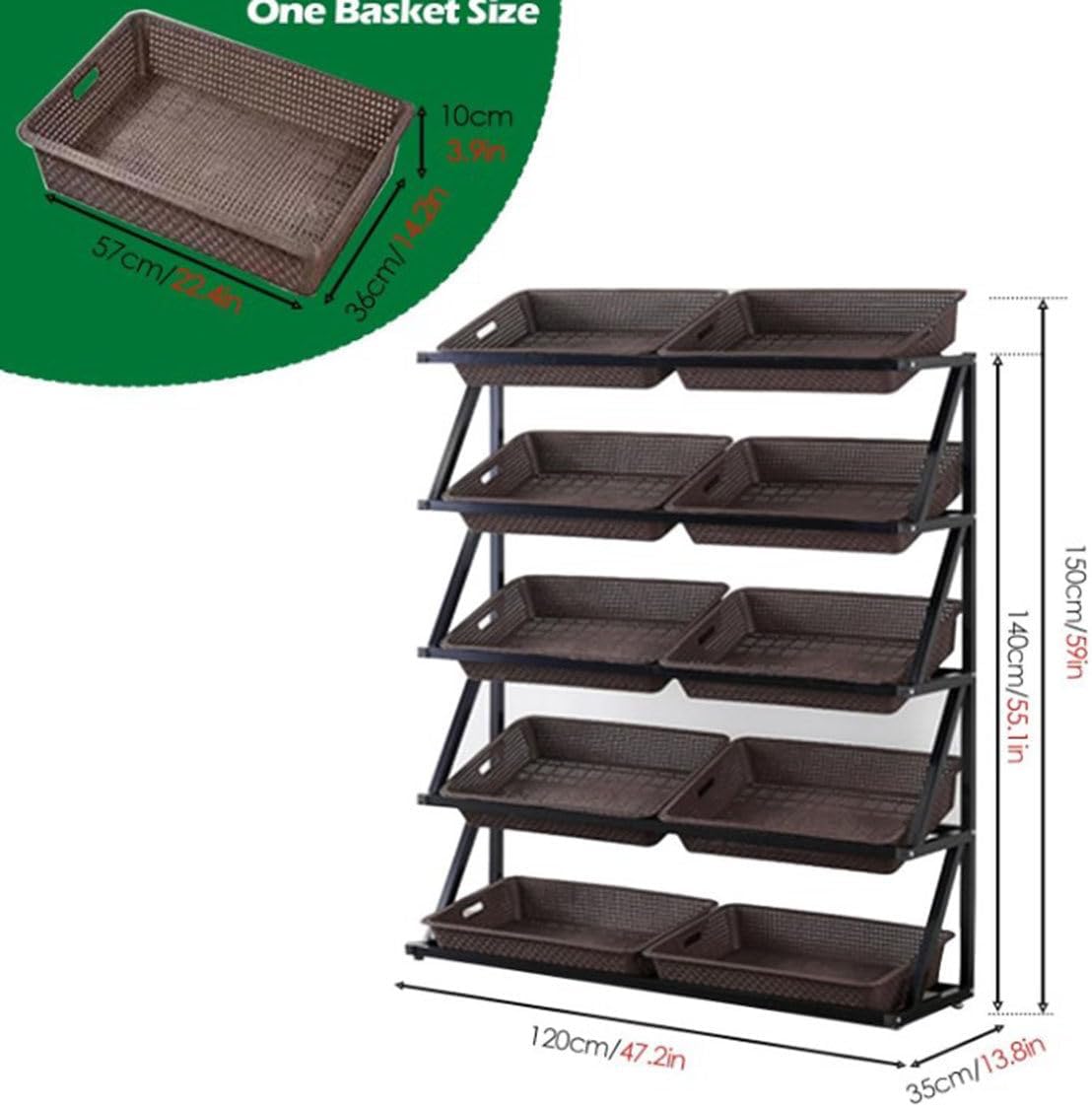 Retail Display Rack, 4/5 Tier Metal Display Rack with 8/10 Baskets for Food Display, Multicolor, Multiple Sizes(Green,120x35x140cm)