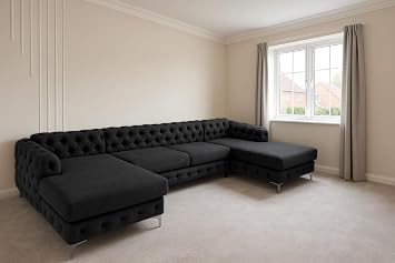 Sofaya Bella U Shaped Chesterfield Sofa Full Back Sectional Chaise Sofa with Deep Button Tufting   Upholstered Fabric Couch with Cushions - 6-Seater Sofa for Living Rooms Black, Fabric Sample