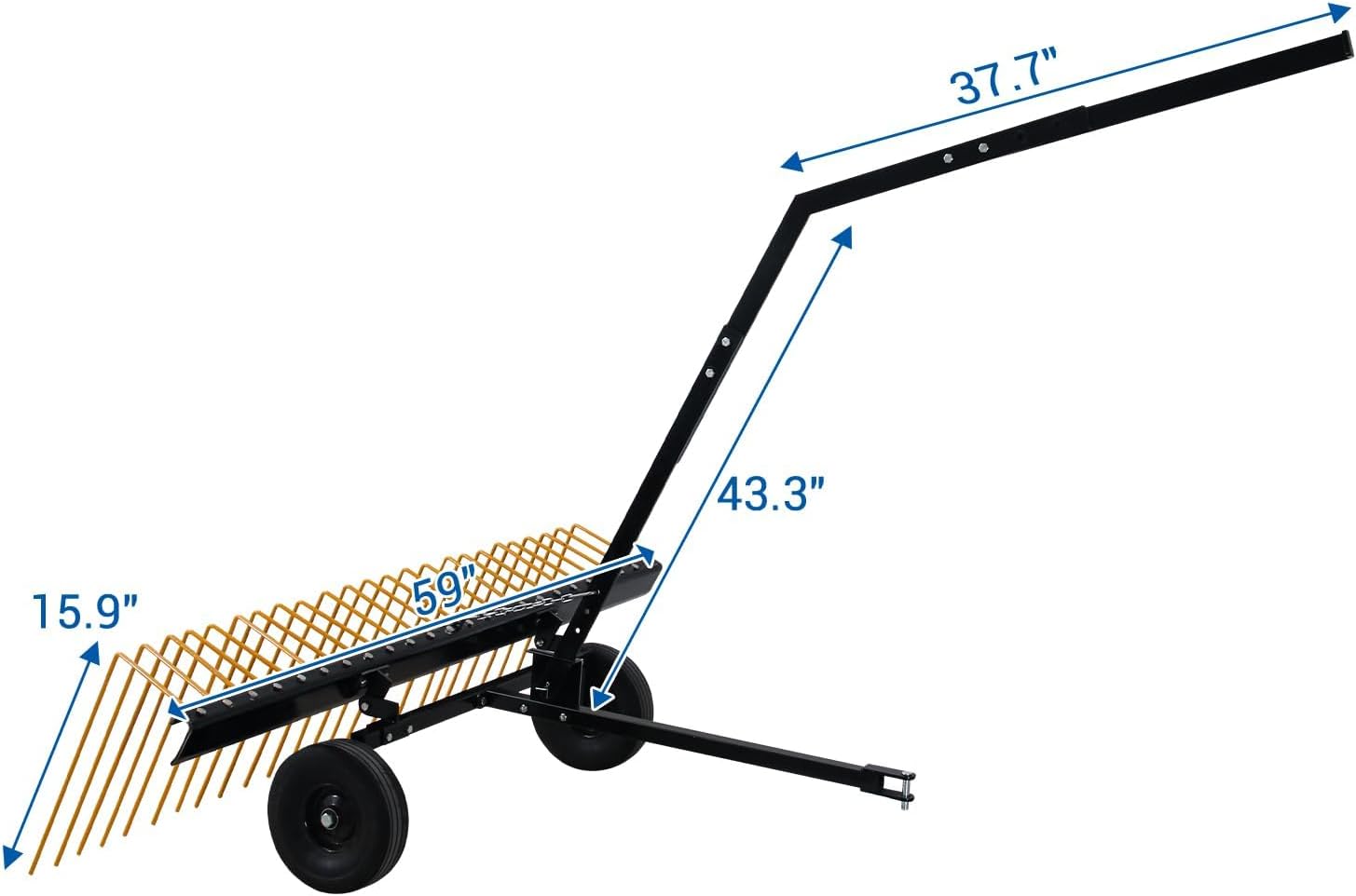 60" Tow Behind Pine Straw Rake – Heavy Duty Steel Lawn Rake with 24 Tines, Durable Corrosion-Resistant Construction for Tractor & ATV, Lawn Tractor Straw Rake for Yard Debris & Mulch
