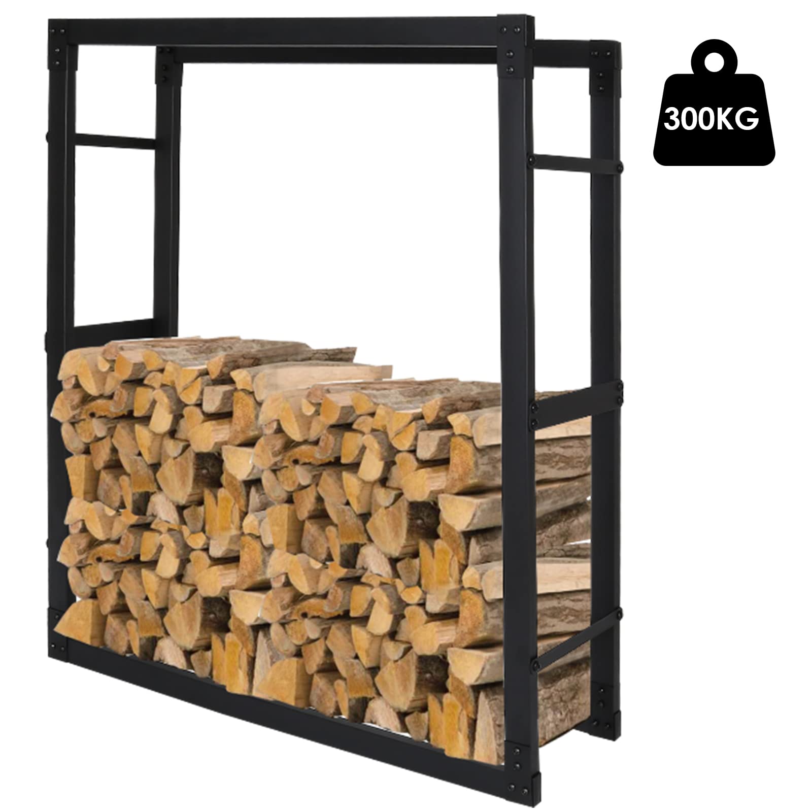 Fiqops Estantería para leña de acero, Soporte para Almacenamiento Exterior de leña, Diseño Negro Mate, Estructura de Metal Estable, Tamaño: 25 x 80 x 150 cm