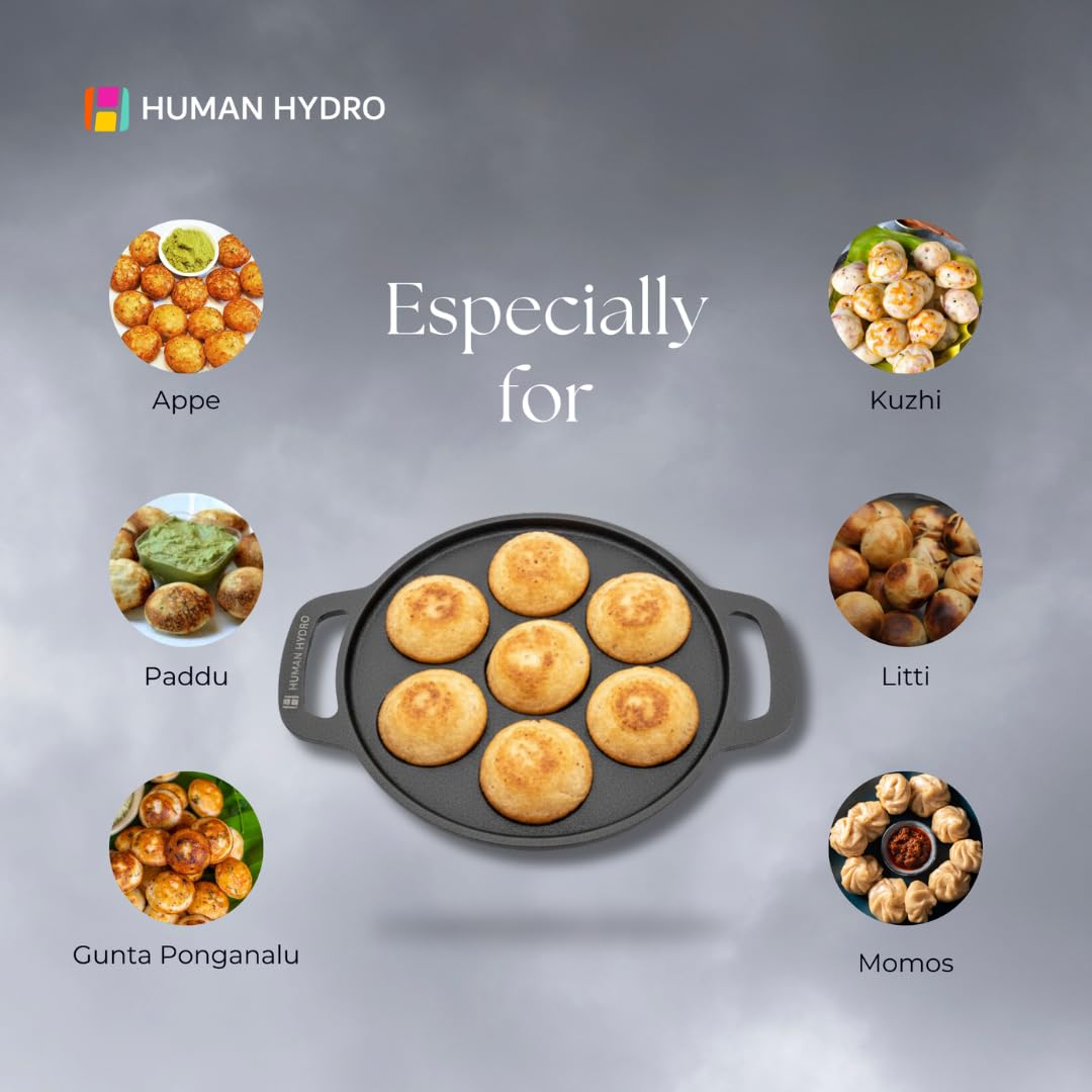 Human Hydro Pre-Seasoned Cast Iron Paniyaram Pan (7-Pit) | Naturally Nonstick, Induction & Gas Compatible | Heavy-Duty Cookware for Paddu, Appam, Kuzhi Paniyaram & More 2