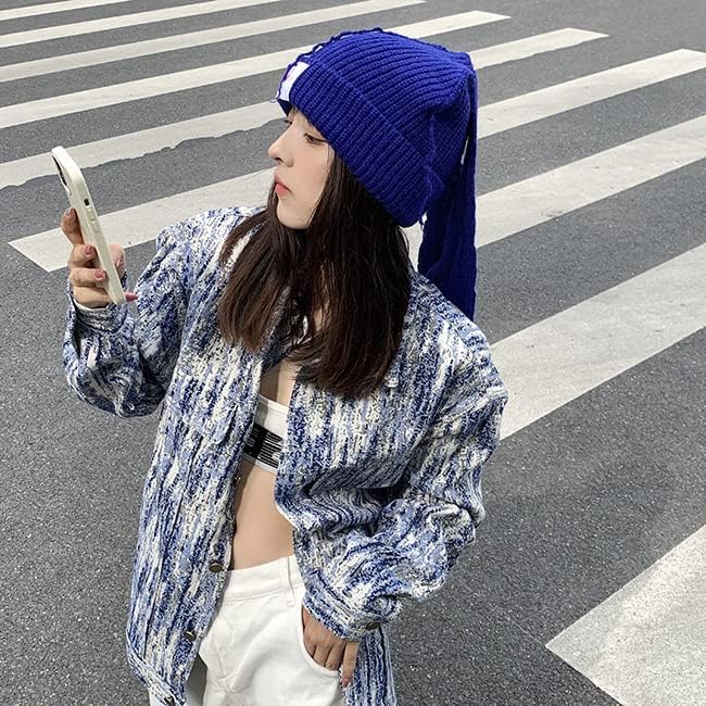 Color Block Knit Beanie Hats Cute Bunny Long Ears Grunge Hat Fluffy Winter Cap Warm Knit Rabbit Crochet Hat - Image 5