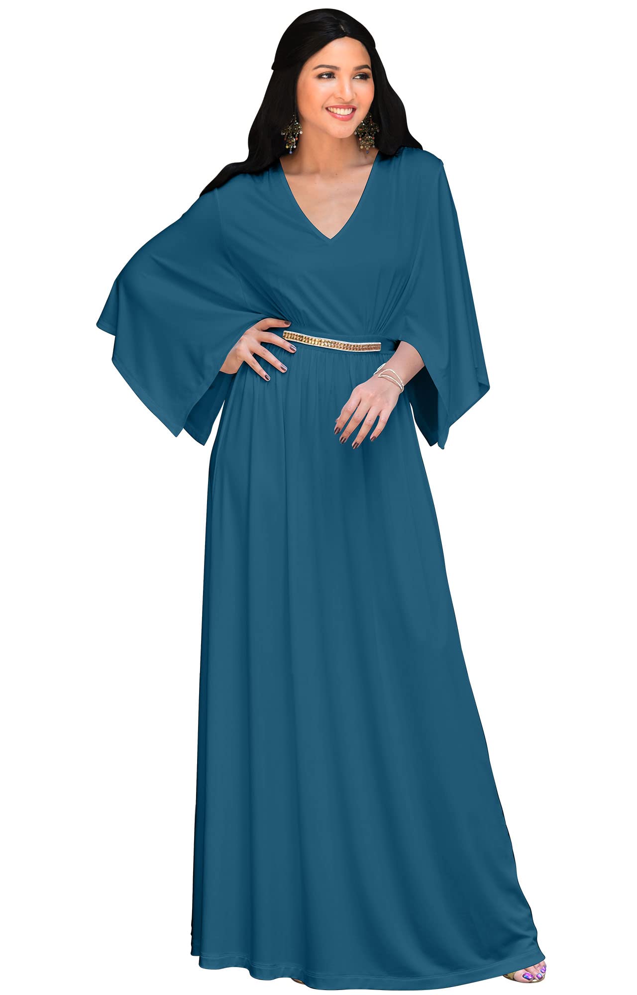 Panegy Women's Shiny Long Dress V-Neck Batwing Sleeve Kaftan Dress Solid Ethnic Maxi Robe