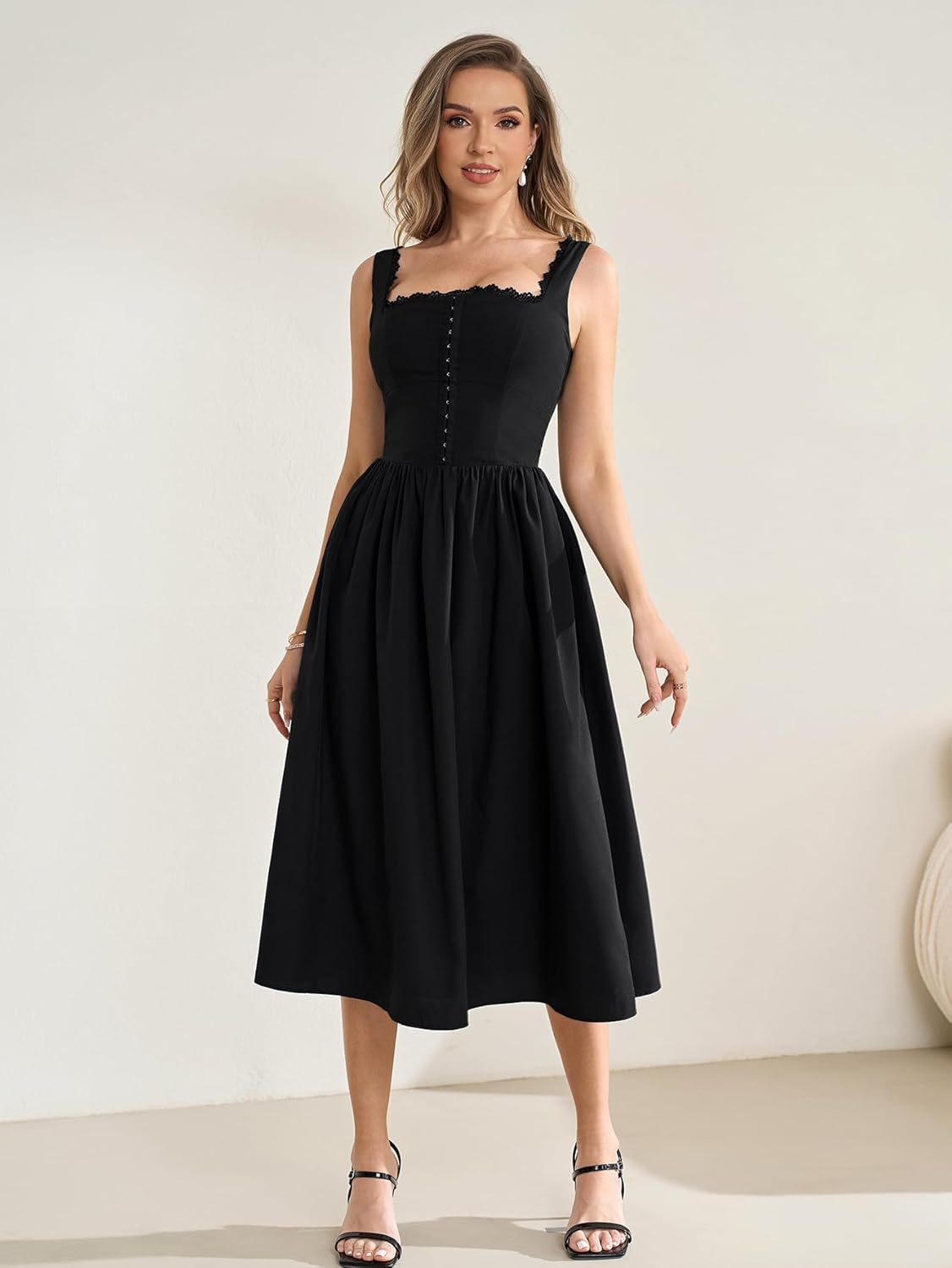 KUTUMAI Lace Square Neck Corset Midi Dress Summer Smocked Flowy A Line Casual Beach Sundress for Women 2025 Vacation - Image 5