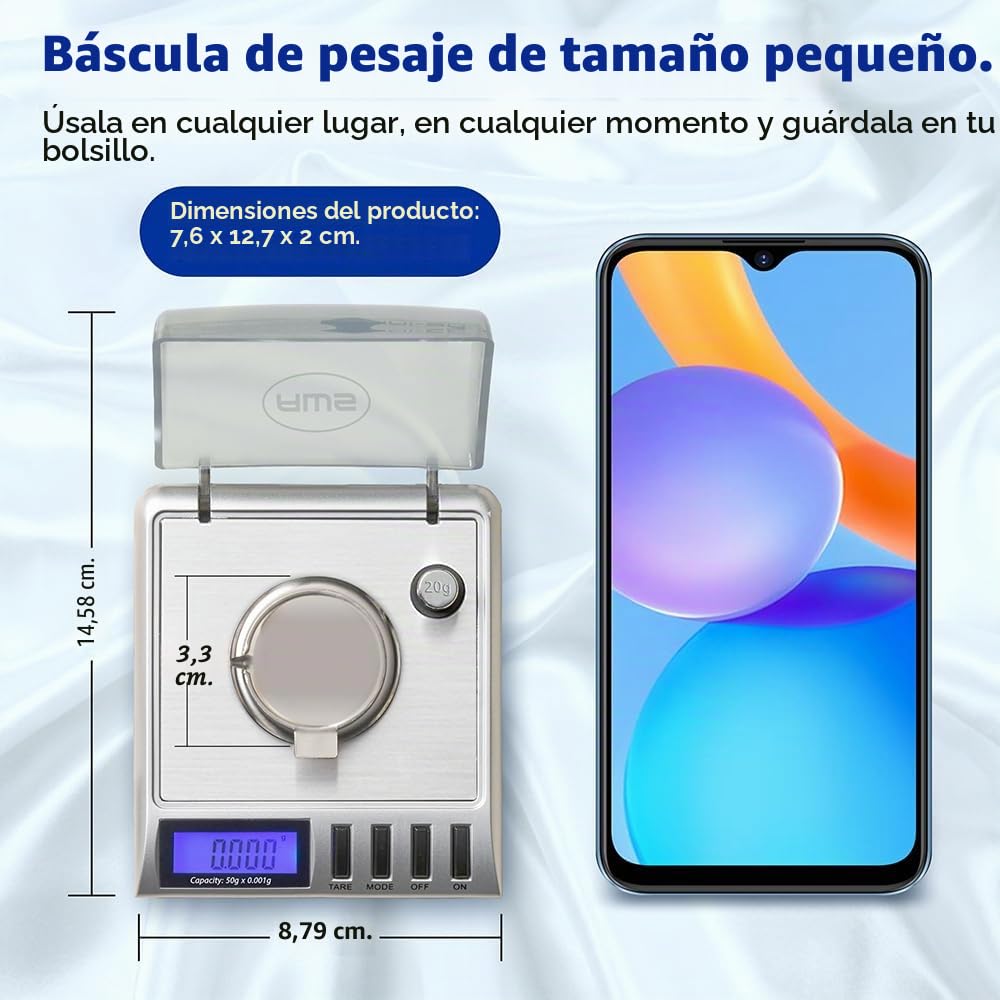 AWS Gemini-50 - Báscula digital de 50 miligramos de 50 g x 0,001 g - Báscula digital para joyas/laboratorio para polvo, oro, gemas - Incluye pesos de calibración, pinzas y bandeja - Tara, cal, 6
