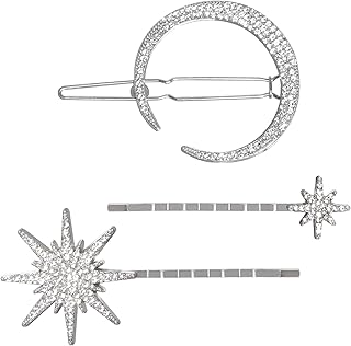 3Pcs Rhinestone Moon Star Hair Clips Metal Bobby Pins Vintage Crystal Hairpins for Women Girl Wedding Birthday