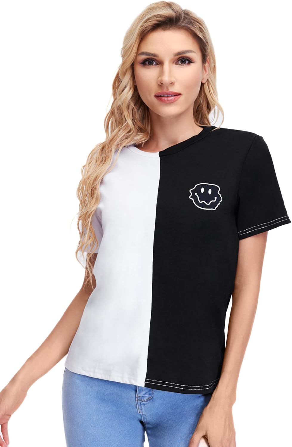 Verdusa レディース カラーブロックTシャツ 半袖 ラウンドネック グラフィックTシャツ トップ, ホワイトブラック, Med