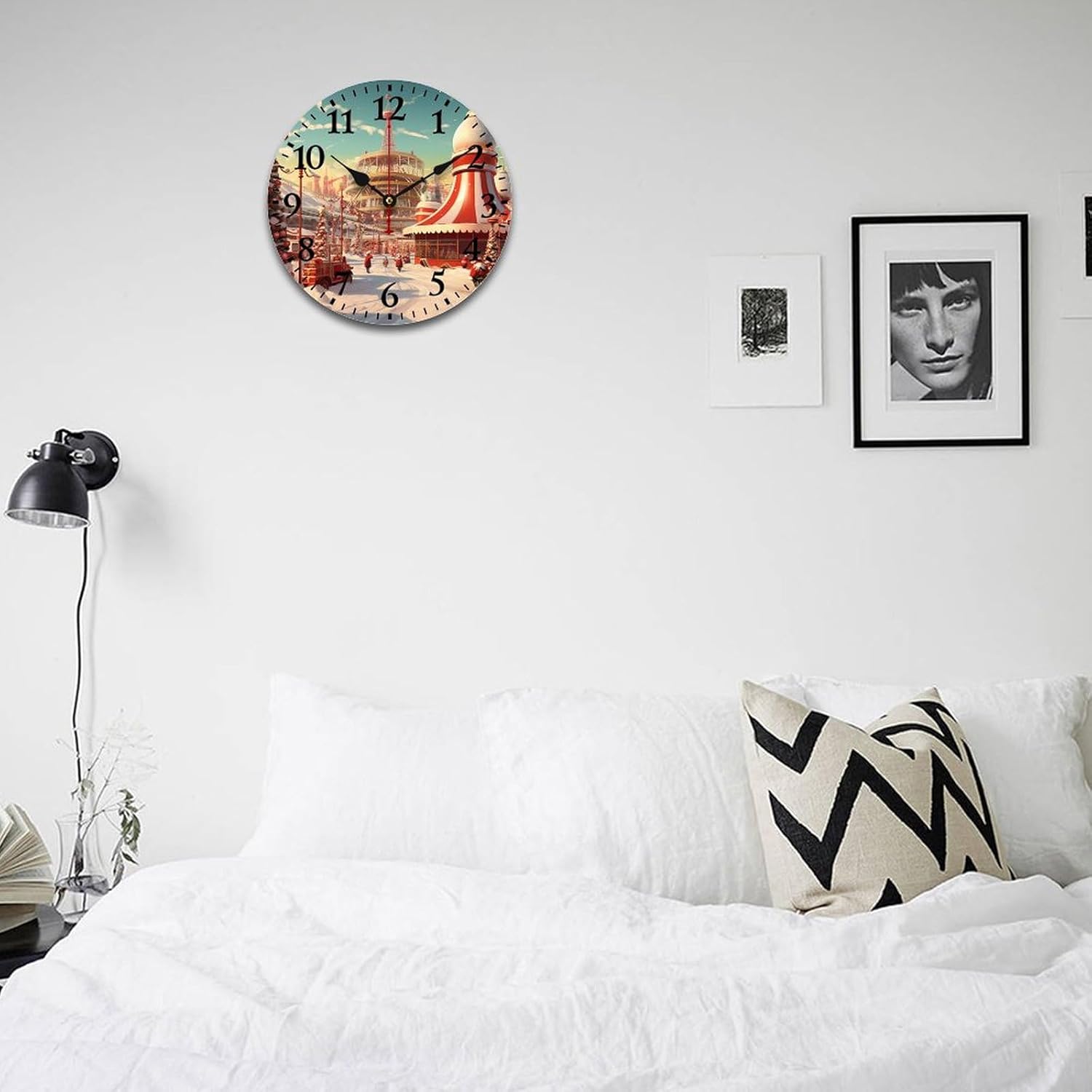 16 Inch Wall Clock Retro Santa Wonderland Home Decor Clock Silent Non-Ticking Battery Operated Arabic Numeral Xmas Rustic Winter Holiday Wood Clock Home Office School Decoration