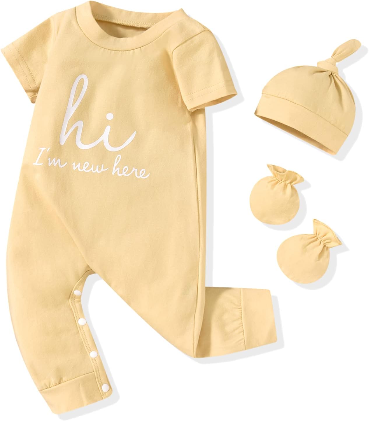 HINTINA Newborn Baby Boy Romper Coming Home Outfits Letter Printed Jumpsuit Hat Glove Outfits