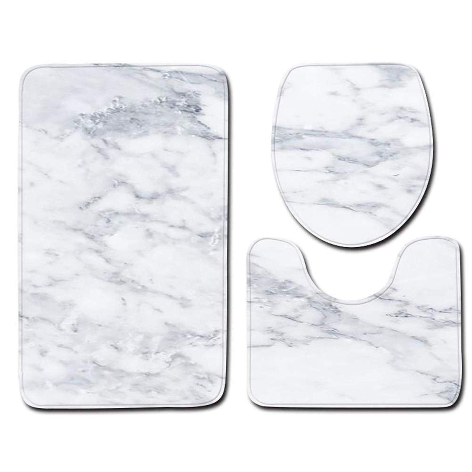 YuuHeeER Soft Bath Mat Set Marble Texture Bathroom Anti Slip Carpet Absorbent Toilet 3Pcs