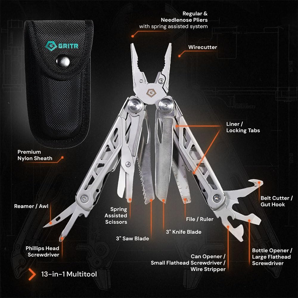 GRITR 13-in-1 Stainless Steel EDC Multitool w/Nylon Sheath - Outdoor Tool w/Needle Nose Pliers, Pocket Knife, Scissors, Bottle Opener, Cutters - Camping Hiking Fishing Survival Gear