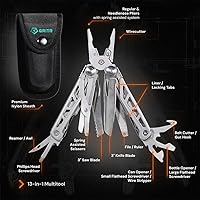 Vista 2 de GRITR Multiherramienta EDC de acero inoxidable 13 en 1 con funda de nailon, herramienta para exteriores con alicates de punta de aguja, cuchillo