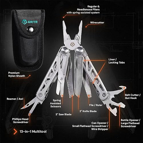Miniatura 2 de GRITR Multiherramienta EDC de acero inoxidable 13 en 1 con funda de nailon, herramienta para exteriores con alicates de punta de aguja, cuchillo de