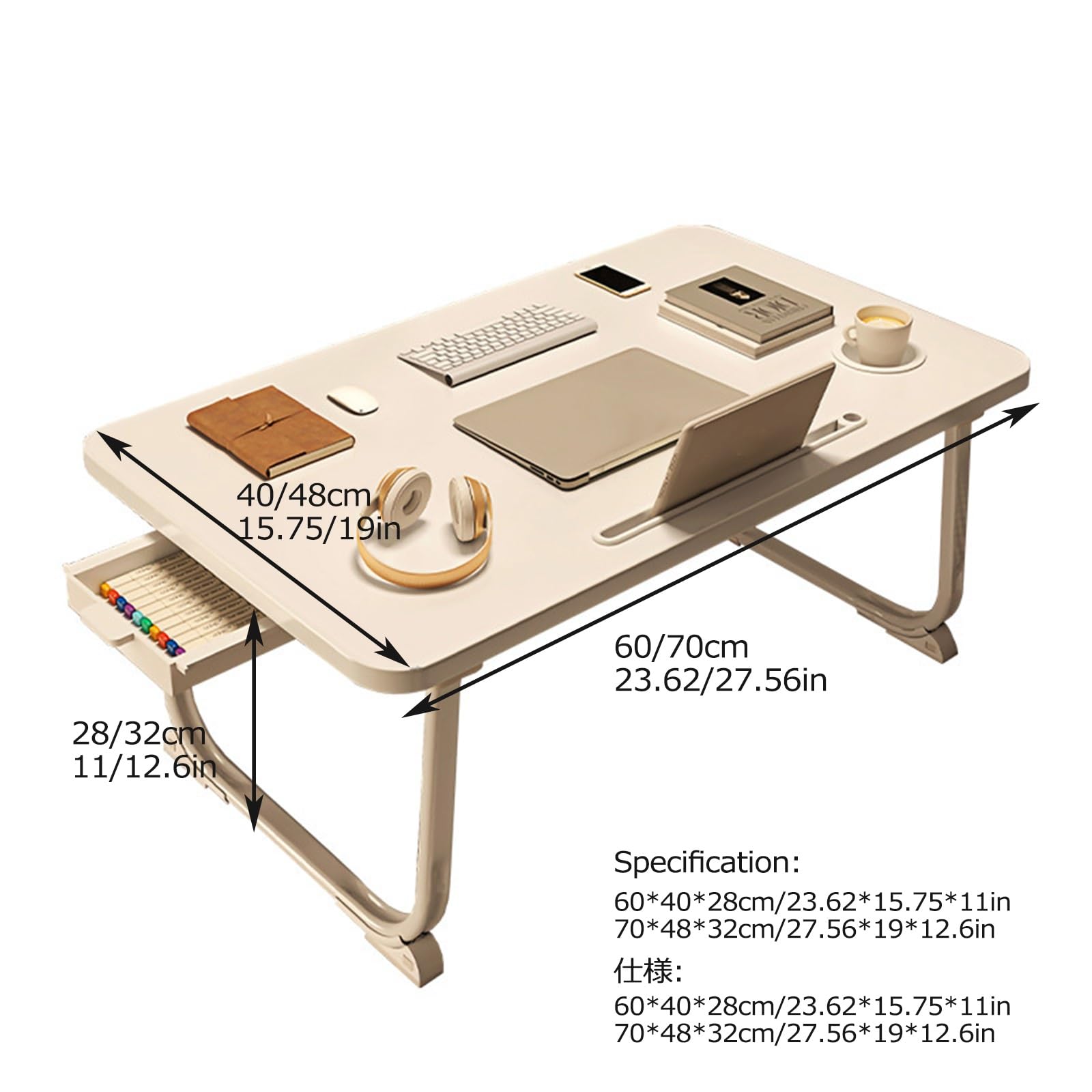 Lapdesk Pliable,Plateau de lit,Table de lit Pliable,Table de Lit pour Ordinateur Portable,Conception de Bureau agrandie,Équipée d'une bibliothèque(White Upgrade,70cm/27.56in)