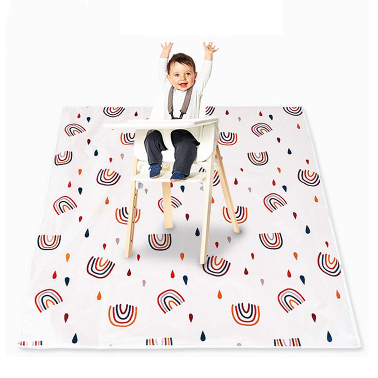 Treer Baby Splat Floor Mat for Under High Chair, Rainbow Pattern Highchair Splash Mat Waterproof Spill Mat 110x110cm Anti Slip Baby Feeding Mat/Weaning Mat/Messy Mat (Water Droplets)