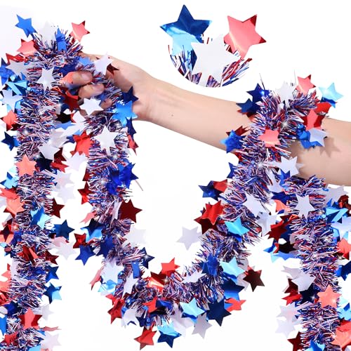 Image of 50FT 4th of July Patriotic Decor Tinsel Garland Decorations, Red White and Blue Star Garlands for Memorial Day Decor Fourth of July Independence Day Indoor Outdoor Yard Home Party Decor Supplies