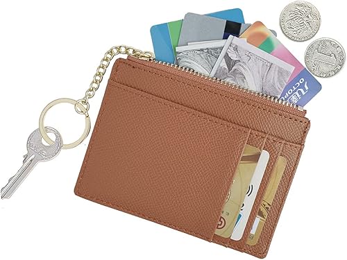 Miniatura 2 de Prometheism Tarjetero delgado de cuero para mujer, cartera pequeña, monedero, monedero para niña, mini cartera con llavero, Marrón, Minimalista