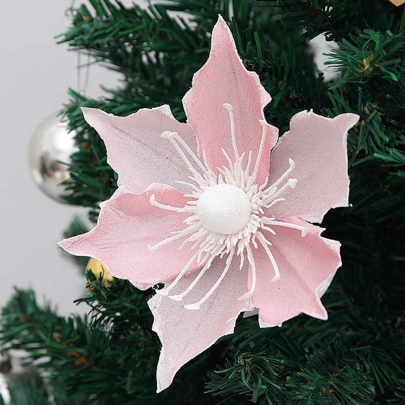 10 Pack Christmas Magnolia Flowers Glitter Christmas Artificial Magnolia Flowers with Stems Artificial Poinsettia Flowers Christmas Tree Floral Ornaments for Xmas Tree Party Home Decorations (Green)