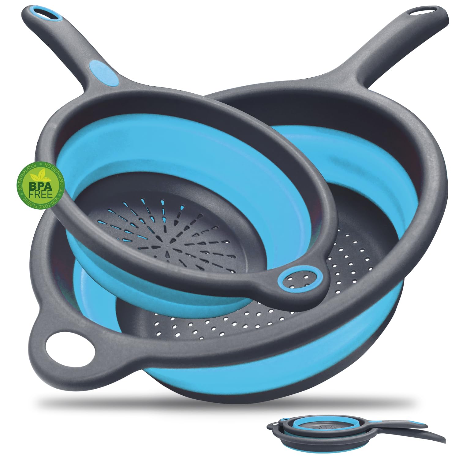 Walfos Paquete de 2 Escurridor Plegable Silicona, Cocina Plegable escurridor pasta de Silicona, Coladores de Cocina Plegable con Asa para Escurrir Frutas y Verduras Pasta, 24 & 20cm