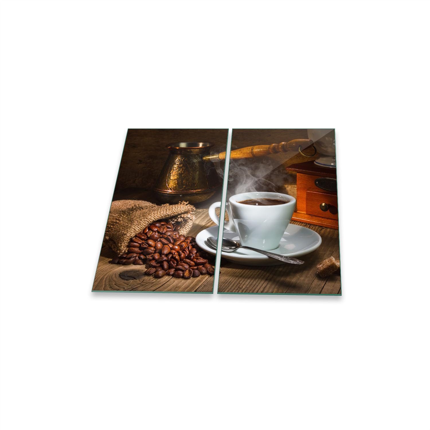 Herdabdeckplatte Abdeckung Ceranfeld Abdeckplatte Schneidebrett 2-Teilig 60x52 Kaffee Kaffeebohnen Weiss Spritzschutz Glasplatte Ceranfeldabdeckung Herdschutz Sicherheitsglas Glasschneidebrett 2x30x52