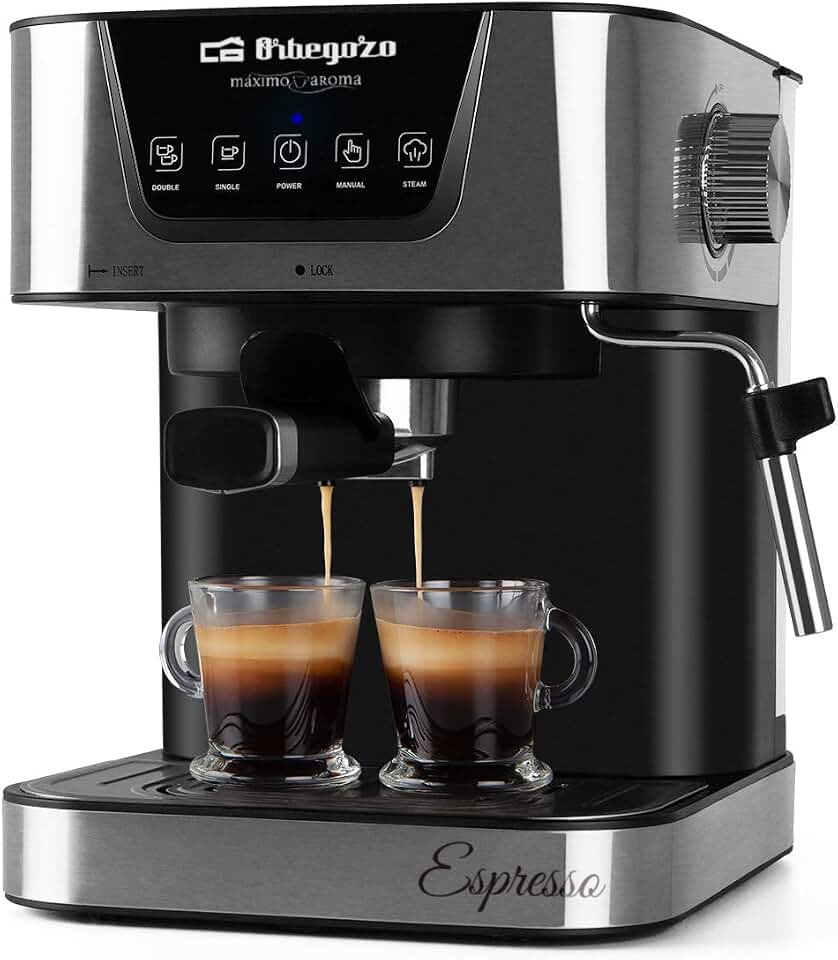 Orbegozo EX 6000, Cafetera express, 1050 W, depósito de agua extraíble 1,5 litros, 20 bar, panel control táctil, modos programados, café molido/monodosis, vaporizador, frontal inox, color plata