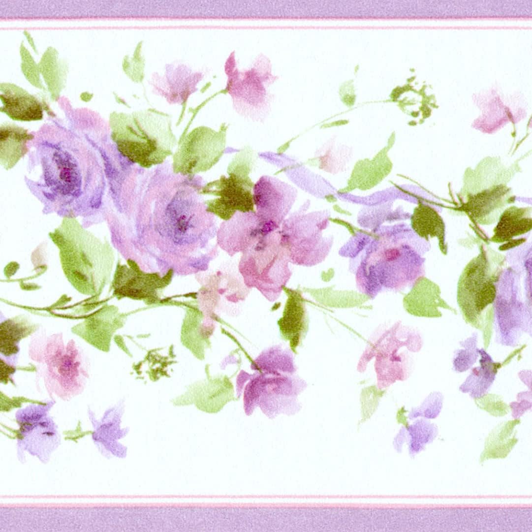 CONCORD WALLCOVERINGS ™ Wallpaper Border Floral Pattern Flowers Leaves for Living Room Bedroom Bathroom Powder Room, Lilac Green, 15 ft by 3.5 in PP79450