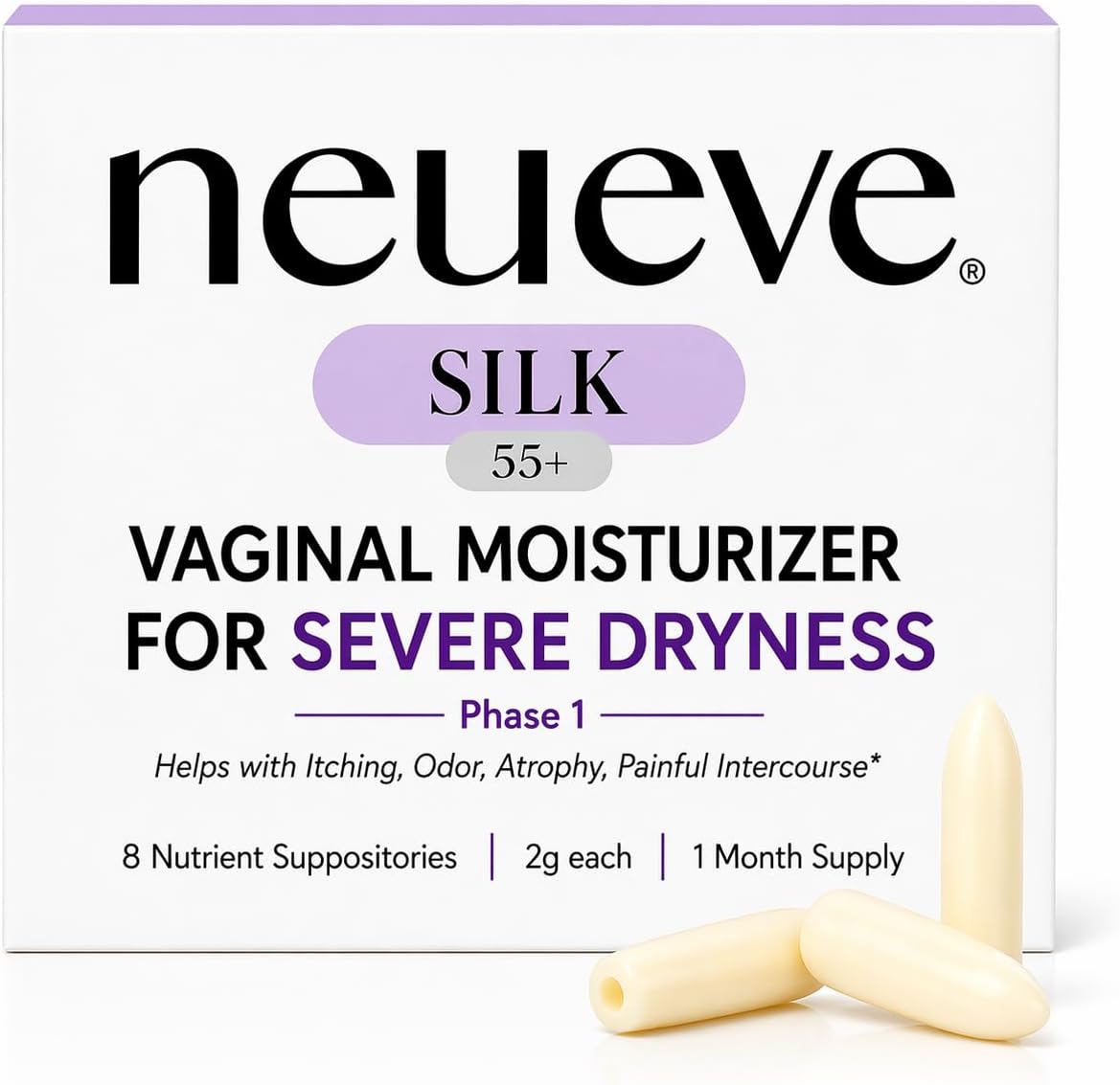 NeuEve Silk Vaginal Moisturizer for Menopause Relief | Long-Lasting Support for Women 55+ with Severe Dryness, Itching, Odor, & Irritation | All-Natural Hormone-Free | Phase 1 | 8ct, 1-Month Supply