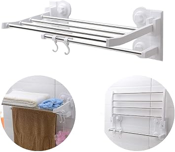 Stainless Steel No Drilling Foldable Adjustable Double-Layer Towel Bar, with 2 Slidable Detachable Hooks 15"-26.5" White