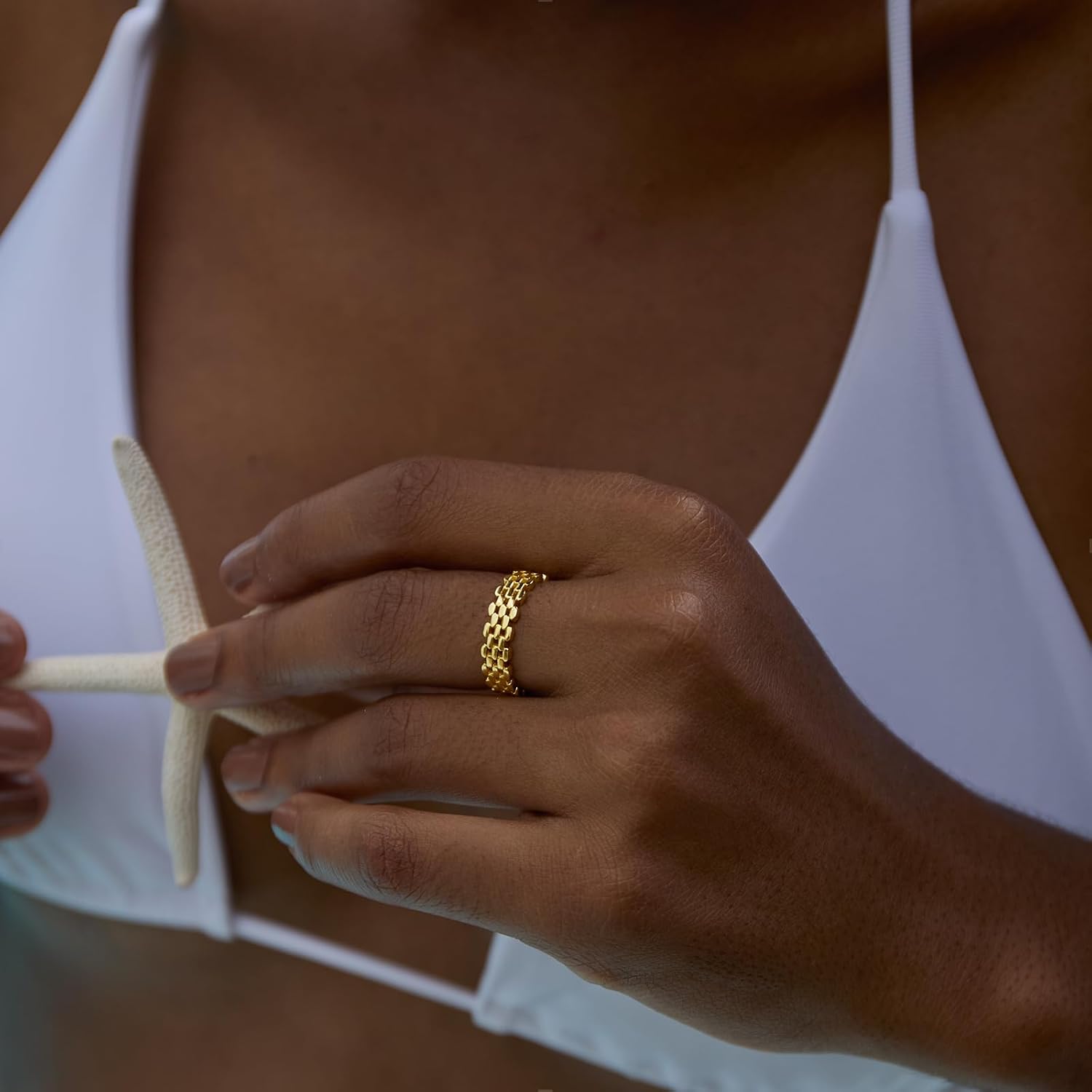 STORYJEWELLERY Gold Plated Band Rings for Women, Chain Ring, Mesh Link Ring, 18K Gold Plated Wedding Bands for Women