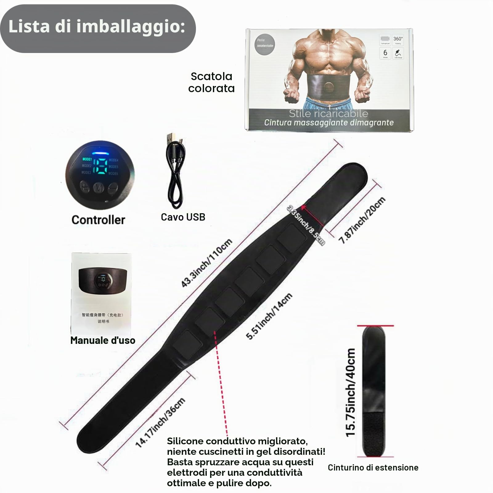 EMS - Stimolatore Muscolare per l'allenamento degli Addominali e Perdita di Peso – 6 Modalità, 18 Livelli, Stimolatore Addominale Lungo 109 cm Regolabile, Ricaricabile tramite USB, Dispositivo Fitness