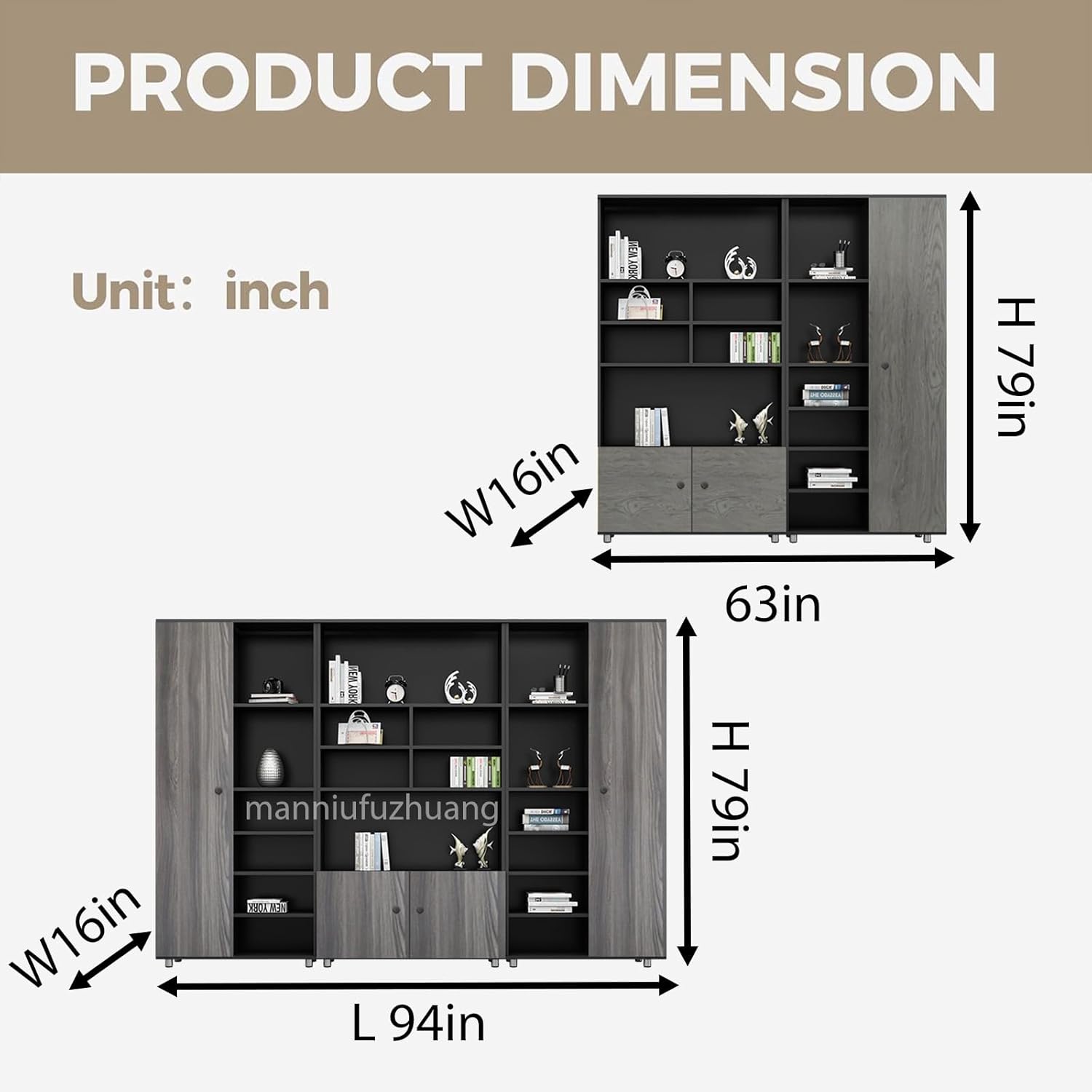 Executive Office Cabinet Set with Storage, Filing System, Bookcases and Modern Desk, Wooden (Dark Walnut, 63in)