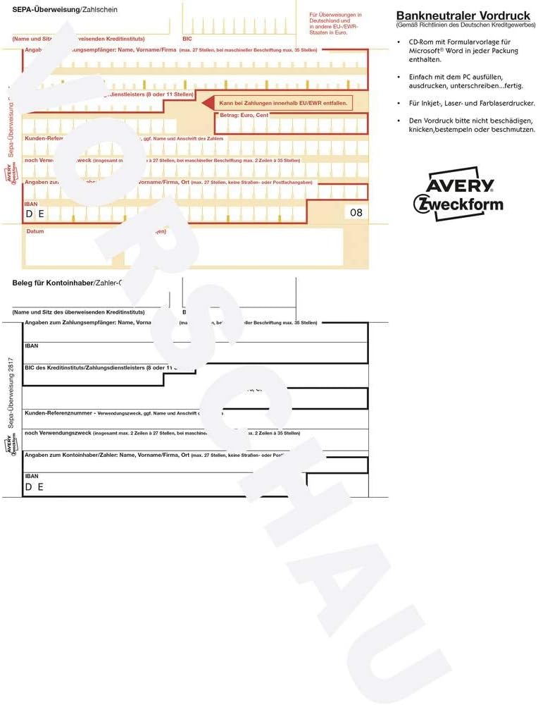 Avery Zweckform 2817 Sepa Überweisung (A4 (100 Sheets) – White + Software CD