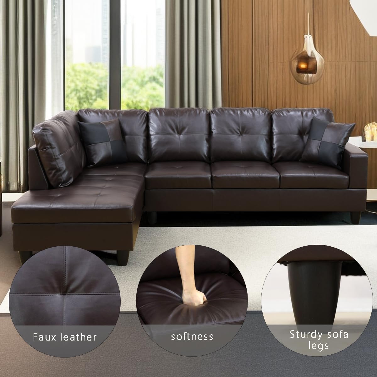 A Ainehome Living Room Sofa Set 2 Pieces Sectional Sofa Set, L-Shape Sofa Faux Leather Couch with Chaise for Living Room/Office/Apartment (A-Brown, Left Hand Facing)