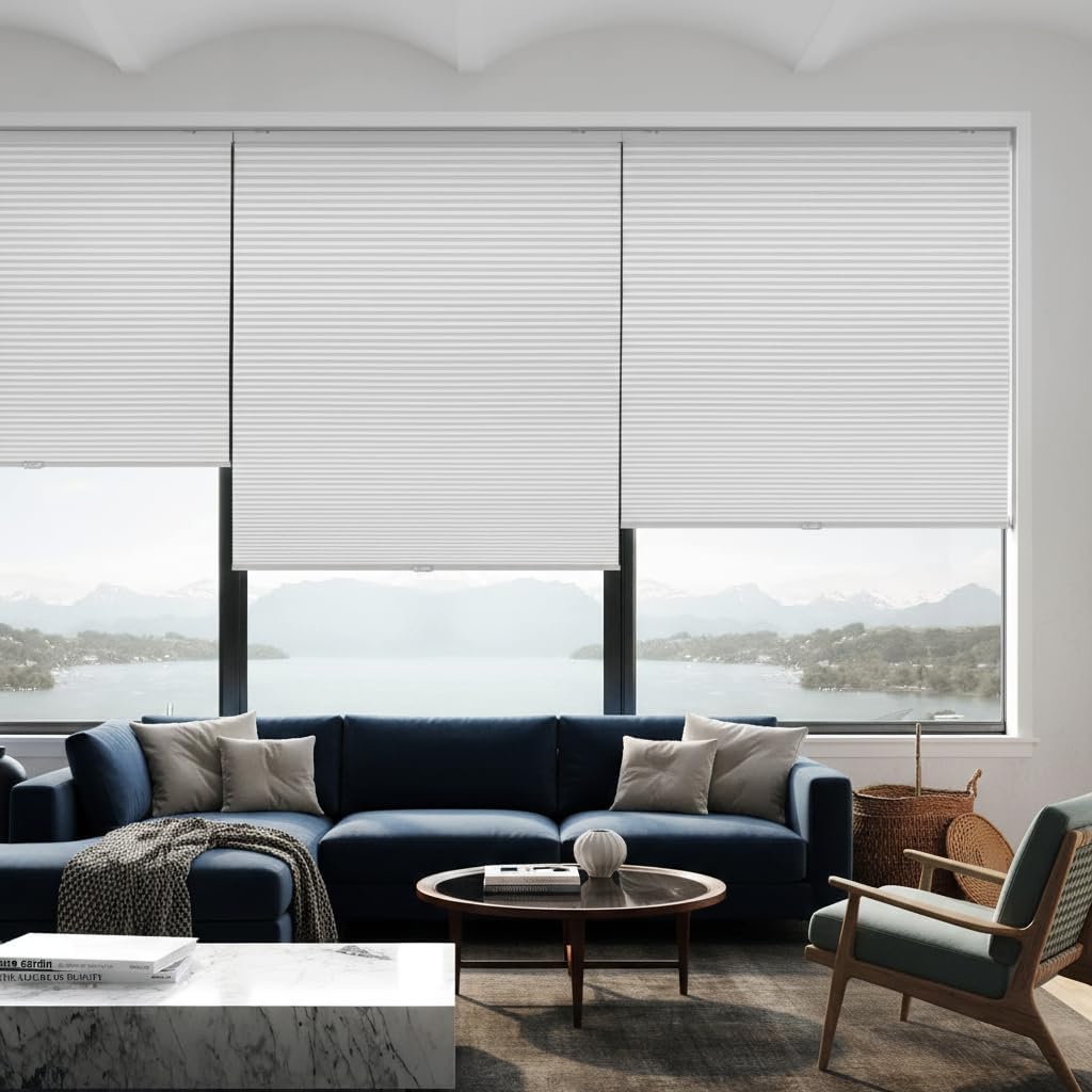 47" W x 90" H Cordless Cellular Shades, Cell Shades for Windows Full Blackout Window Blinds Protect Privacy Cordless Honeycomb Blinds for Kitchen, RV, Office. White.