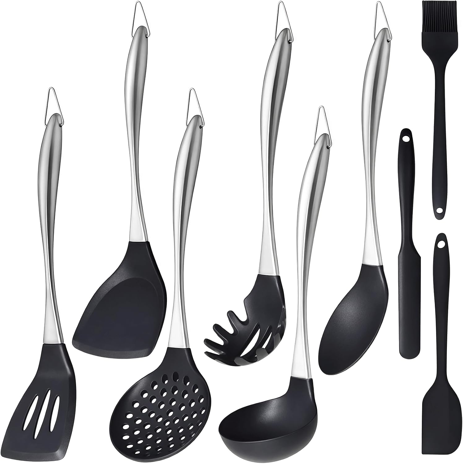Silicone Cooking Utensils Set, 9Pcs Kitchen Utensil Set with Stainless Steel Handle, Heat-Resistant Silicone Utensils for Cooking, Non-Stick Spatula Set with Spoons, Turners, Ladle (Silver)