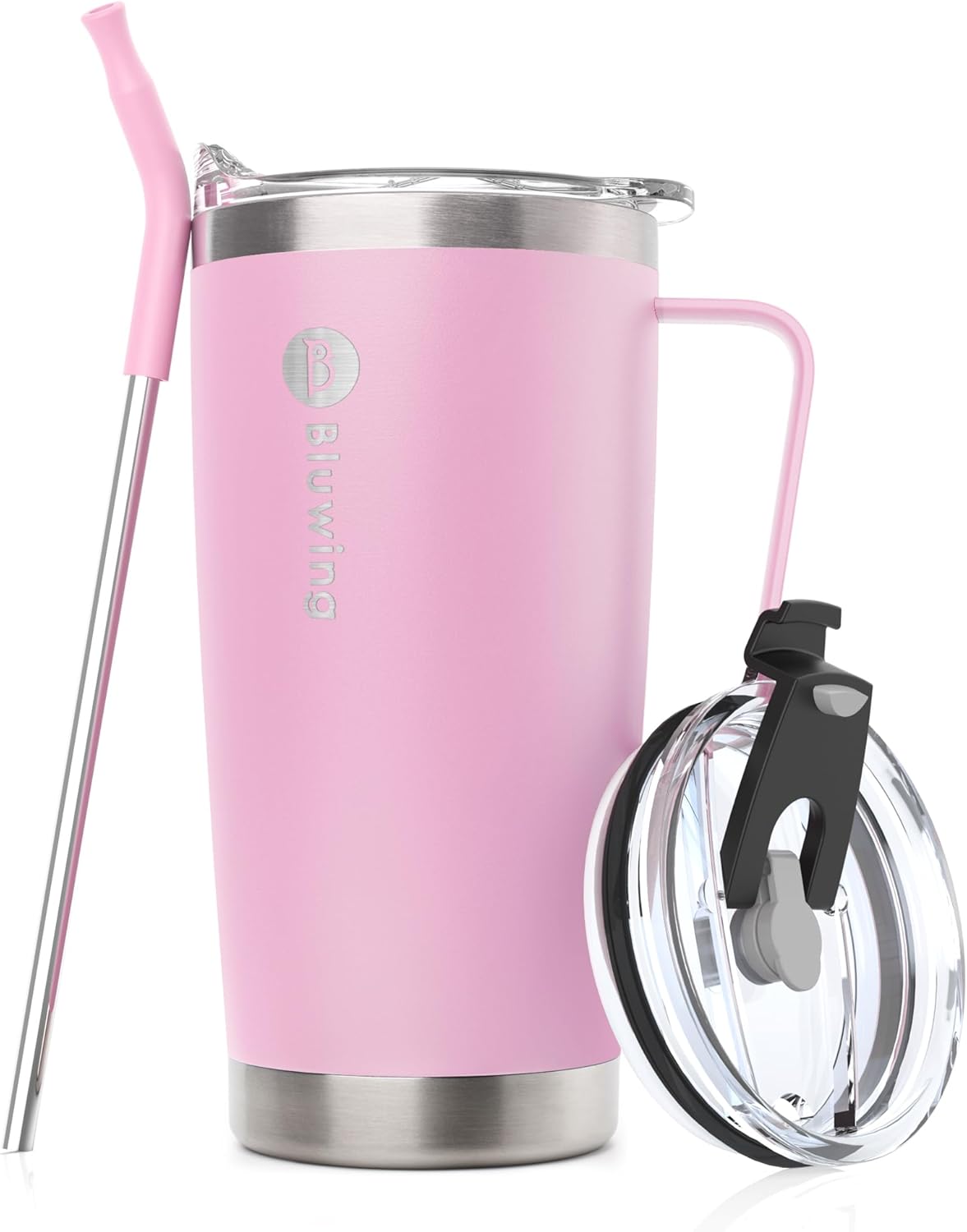 Travel Mugs with Handle, 20 oz Stainless Steel Insulated Coffee Tumbler Cups with Straw for Women and Girls (Purple Pink)