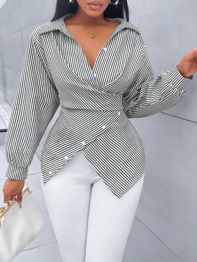 Chvity Stripes Cross V Neck Wrap Blouse for Women Fashion Sexy Slim Fit Long Sleeve Buttons Shirts Casual Cozy Tops - Image 2