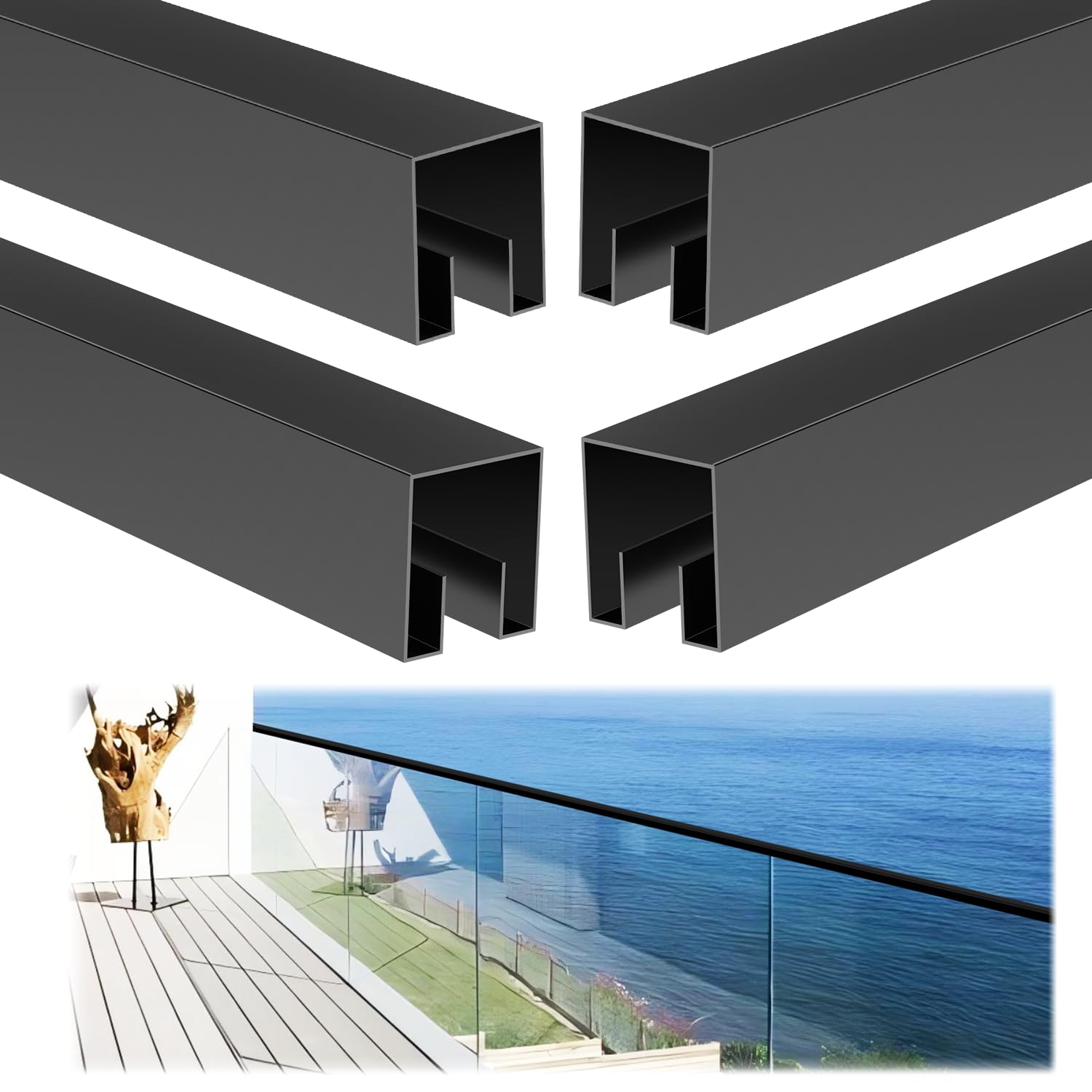 LukLoy 4 Pack 6'6" Stainless Steel T304 Glass Top Rails, Glass Railing Top Channel, Black Glass Cap Rail for 10mm or 3/8" Thick Glass