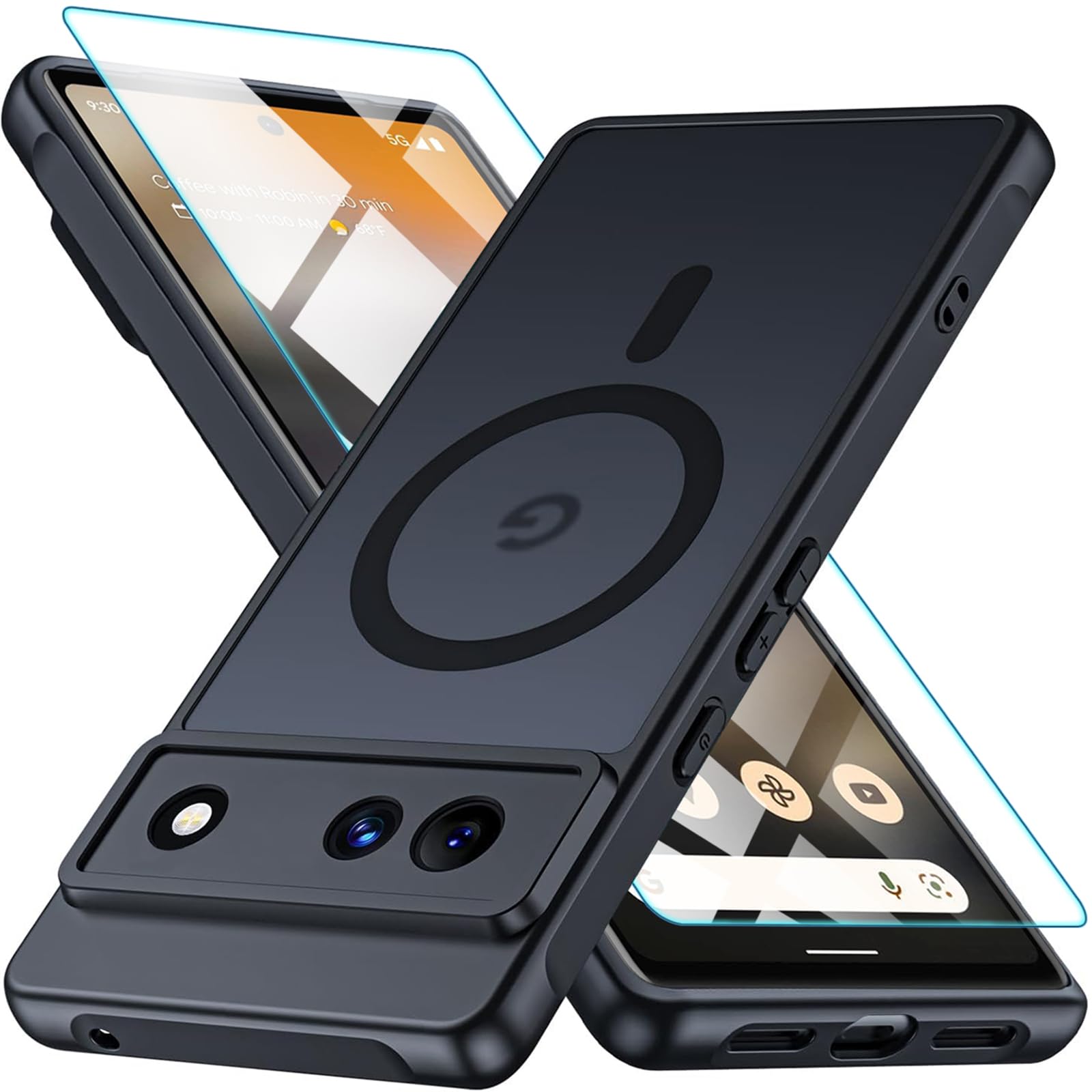 for Google Pixel 6a Case, Compatible with Mag-Safe,Black | With Screen Protector,Military Grade Drop Proof,Translucent Matte,Rugged Shockproof Anti-Scratch Protective Phone Cover