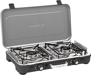 BRUNNER: Tisch Camping-Kocher 2-flammig Edelstahl Gasgrill & Gaskocher - POWERKOOK 50mbar - mit Gasregler + Gaschlauch 1 Meter für Wohnwagen, Wohnmobil, Boot