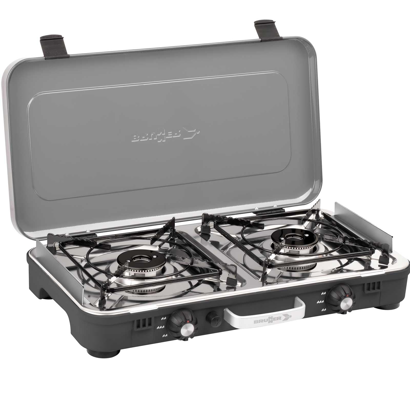 BRUNNER Camping-Kocher 2-flammig Gaskocher POWERKOOK 50mbar Druckminderer | Tisch Camping-Kocher 2-flammig Edelstahl Gasgrill & Gaskocher 50mbar - Gasregler + Gaschlauch 1 Meter