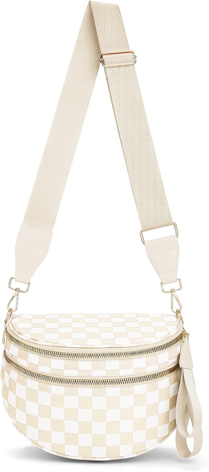 Lushandy Bum Bag Women's Checkered Crossbody Bag Nylon Cross Body Bags Plaid Mom Everyday Purse for Travel