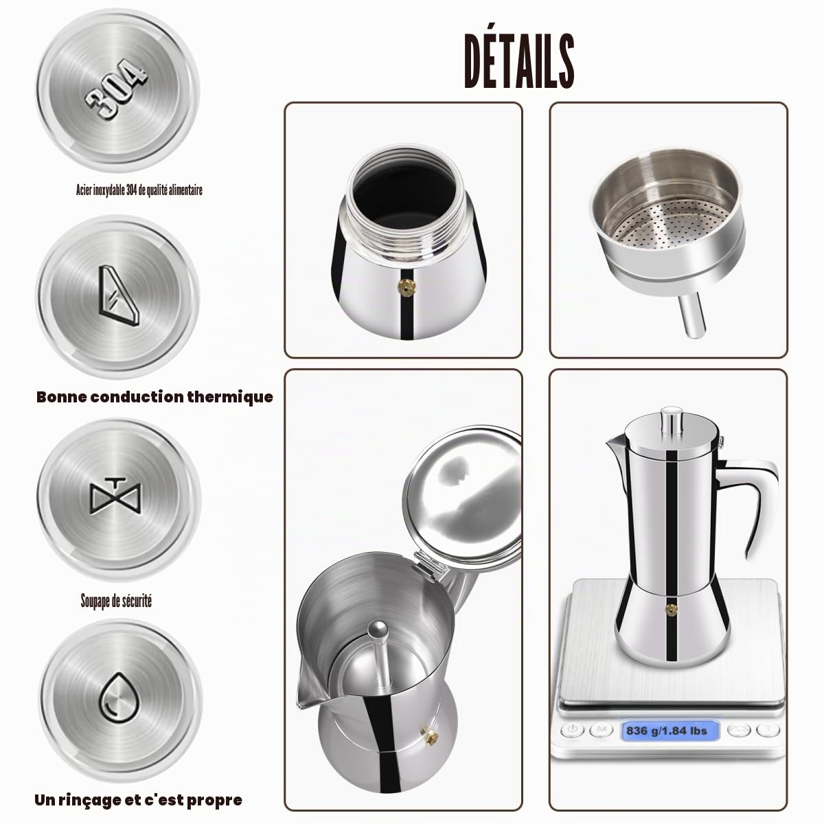 6 Tasse en Acier Inoxydable 304 épaissie Moka Cuisinière Expresso Cafeteras Cafetière Italienne Capable Moka Cafetière Greca Pour Maison et Camping 300ml 10oz