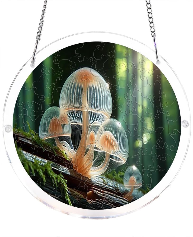 Glowing Mushrooms Forest Scene Acrylic Jigsaw Puzzles Suncatcher, 7.4 Inch Window Hanging Suncatcher Acrylic Puzzle, DIY Home Decor Art Gift