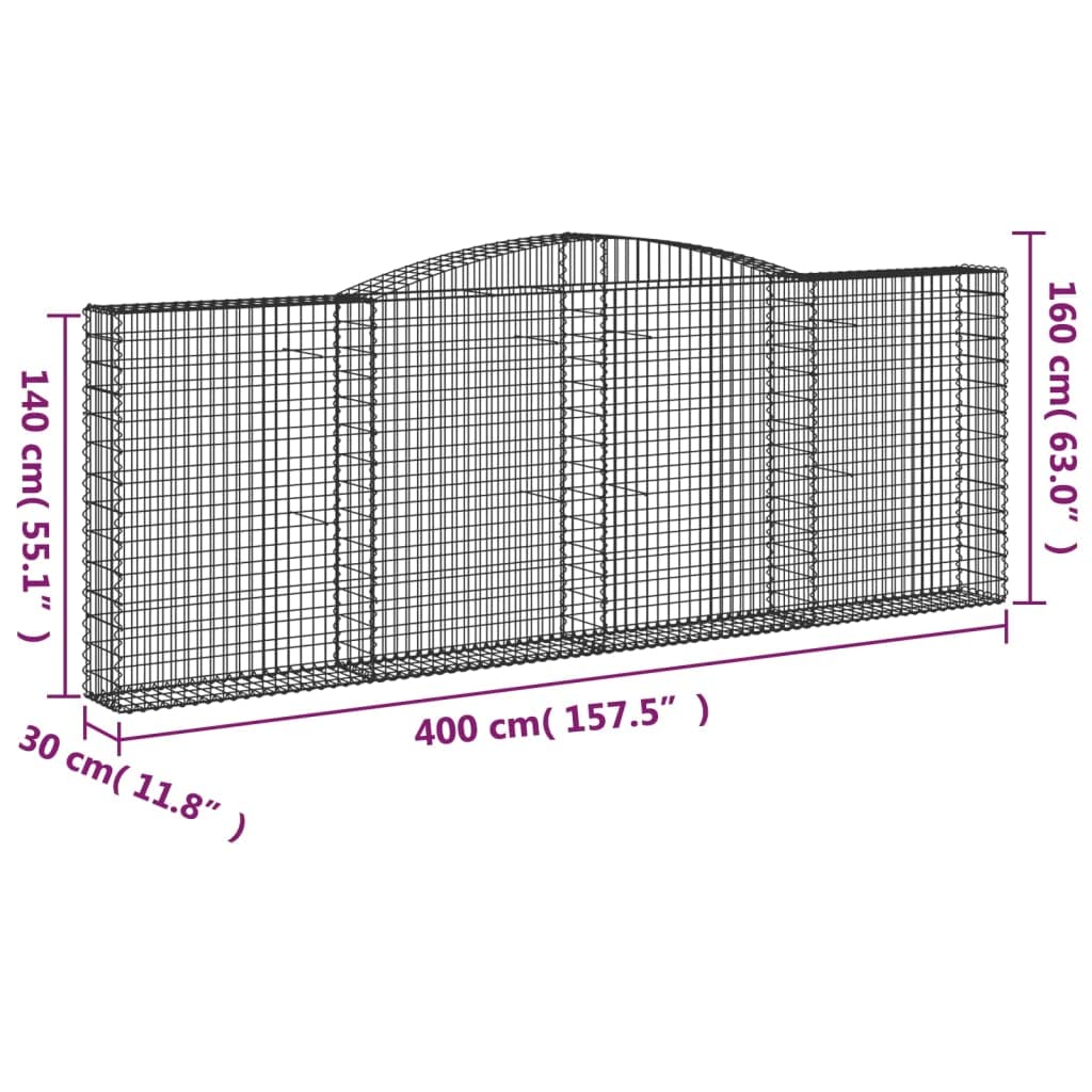 Gaviones de arco alto 4 piezas 400x30x140/160cm de hierro galvanizado para barreras de jardín como protección de visión y decoración de aislamiento acústico