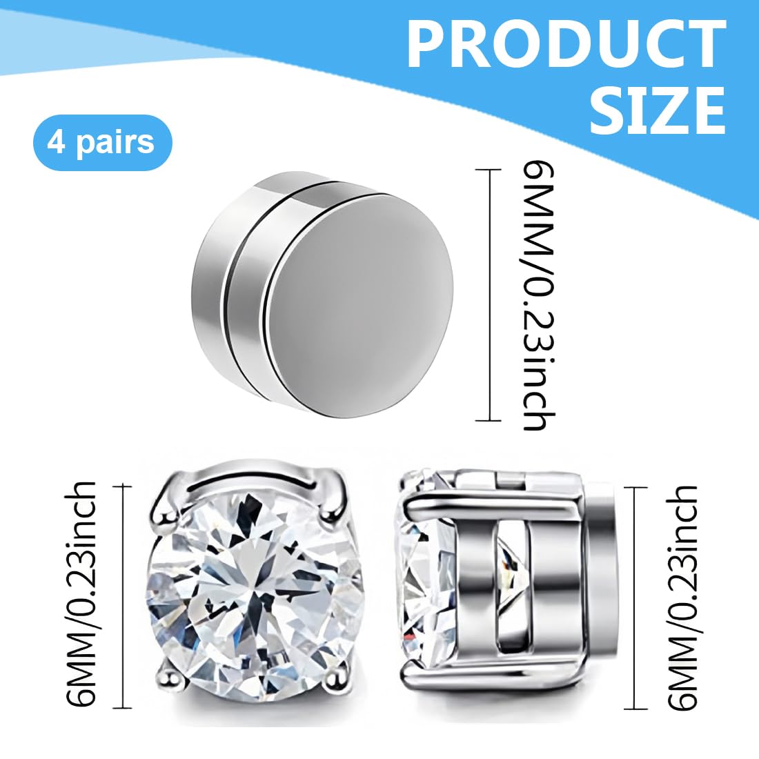4 Paia Orecchini magnetici uomo, Clip per orecchini in zircone orecchini senza buco uomo 6mm