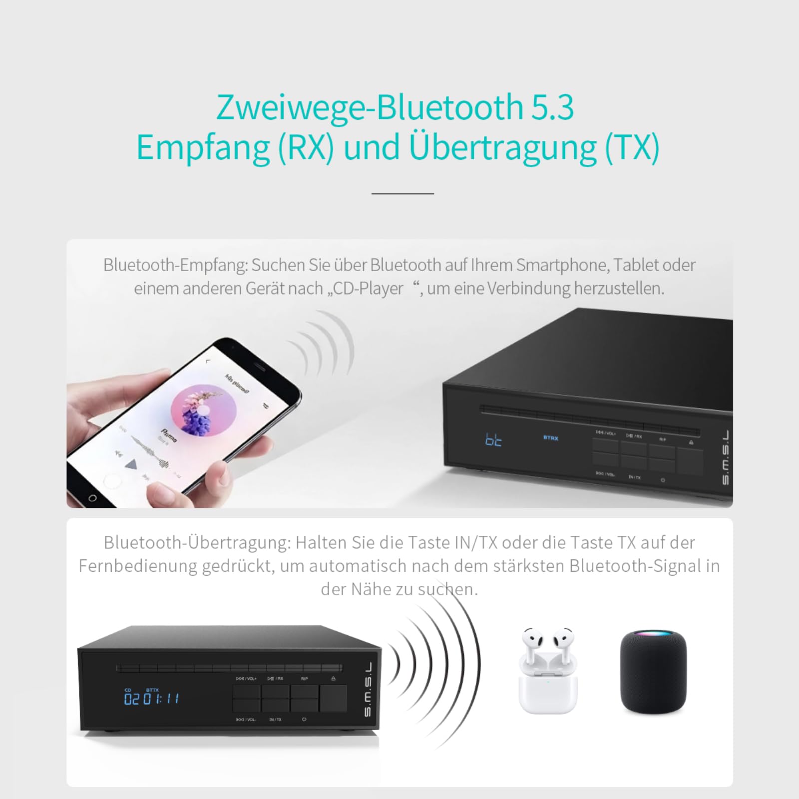 SMSL PL20 HiFi CD-Spieler für Zuhause, CD-Ripper, Bluetooth-Autoradio-CD-Player, 2×CS43131-Chip, USB-Stick/Bluetooth-Eingang, RCA/BT/3,5mm/4,4mm Symmetrisch/Optisch/Koaxial Digitaler Ausgang (Schwarz)