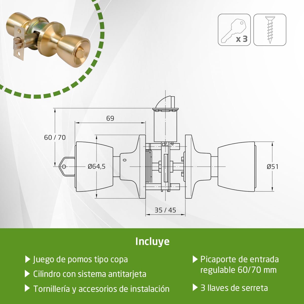 Amig - Juego de Pomos para Puerta de Entrada Interior - Para Puertas de Madera 35‑45 mm - Picaporte 60/70 mm con Condena Interior - Instalación con Agujero Ø54 - Latón Mate - Mod. 600
